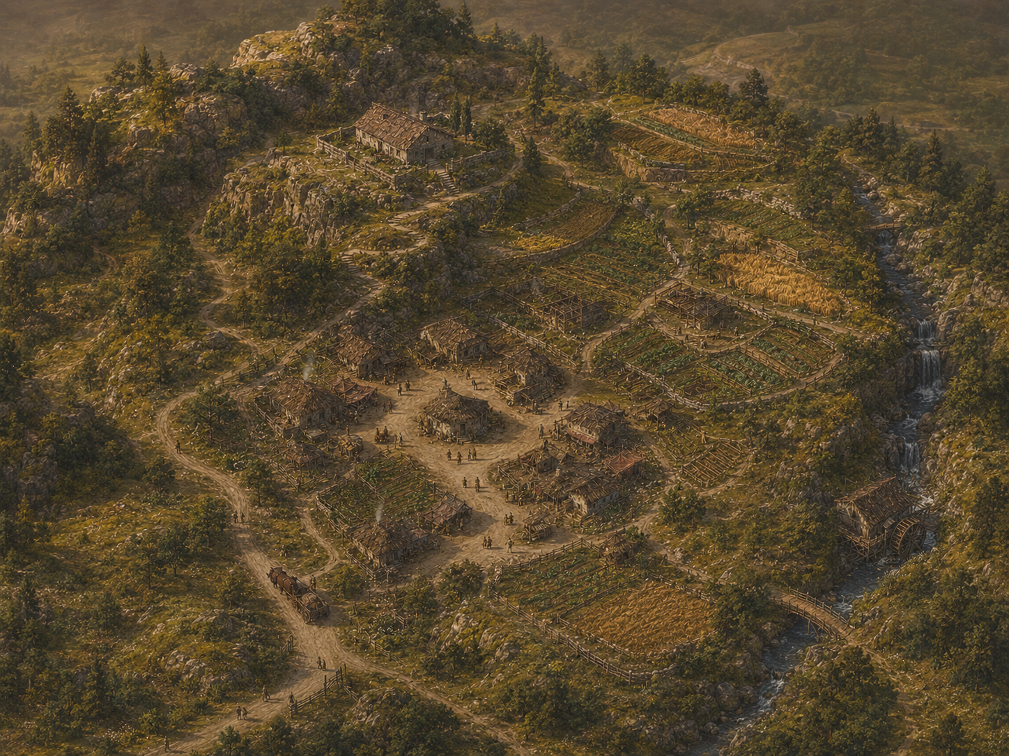 Aerial view of Rorus, its central village, farms, roads and river
